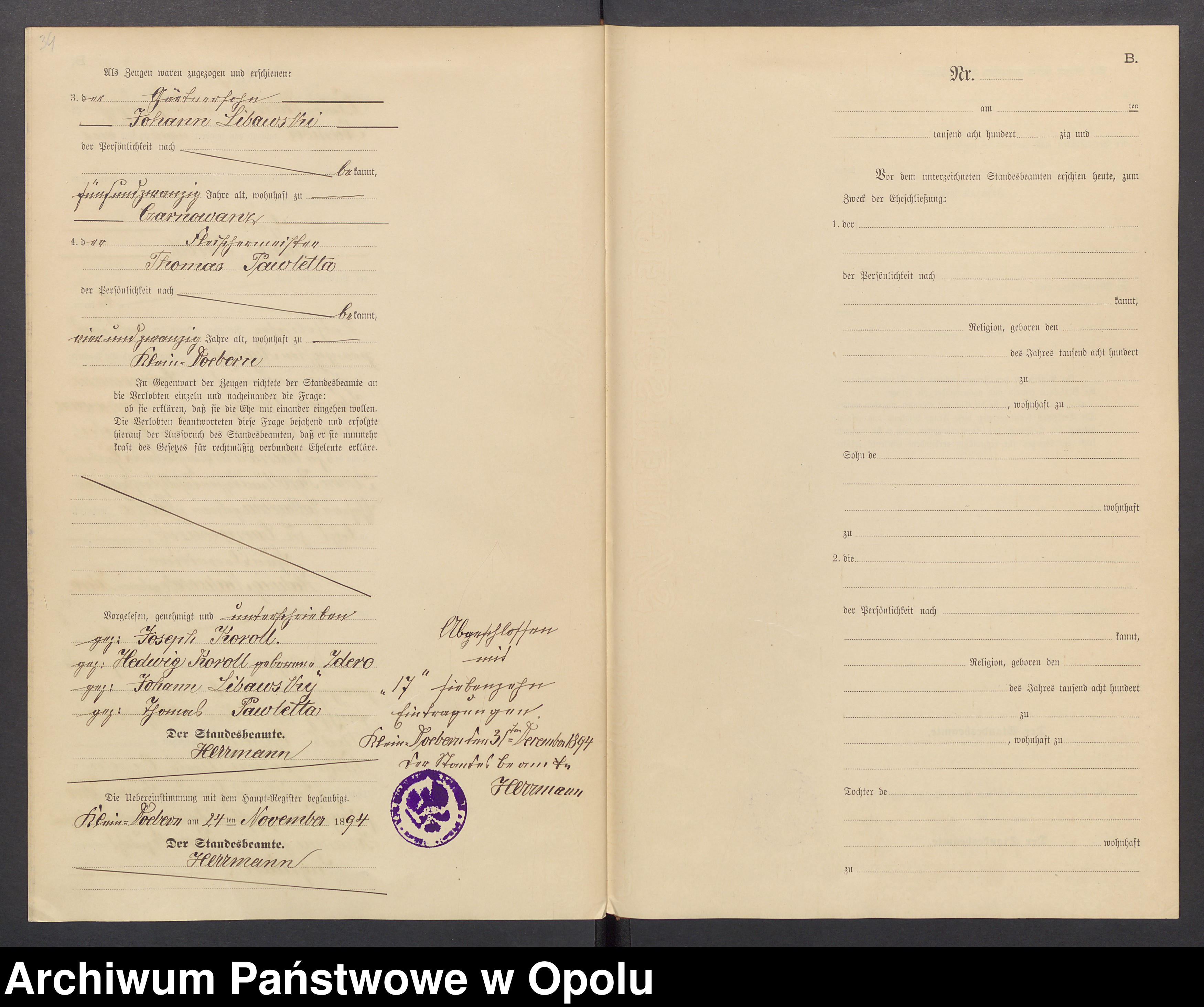 Skan z jednostki: Księga Aktów Małżeństw Dobrzeń Wielki (Wtóropis) Rok 1894