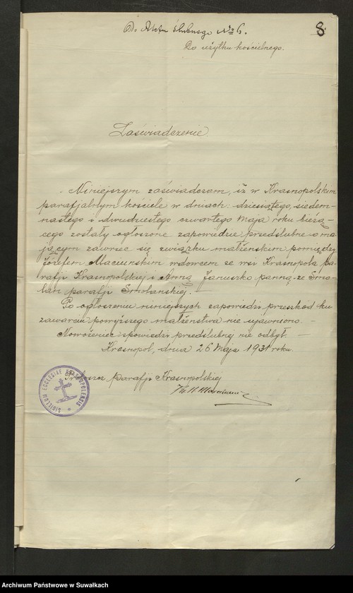 image.from.unit.number "Dokumenty Do aktów zaślubionych Smoleńskiej Rzymsko-Katolickiej parafji za 1931 rok"