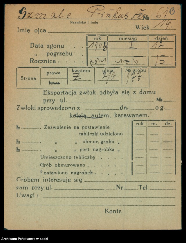 Obraz 14 z jednostki "Kartoteka osób pochowanych na cmentarzu żydowskim przy ulicy Brackiej w latach 1892-1957. Nazwiska na litery: Szn-Szt"