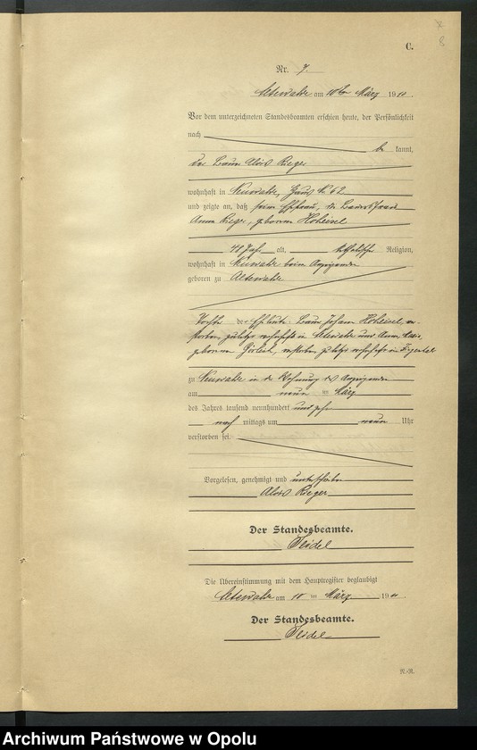 Obraz 12 z jednostki "Sterbe-Register (Neben-Register) Standesamt Altewalde 1910 No. 1 bis 45"