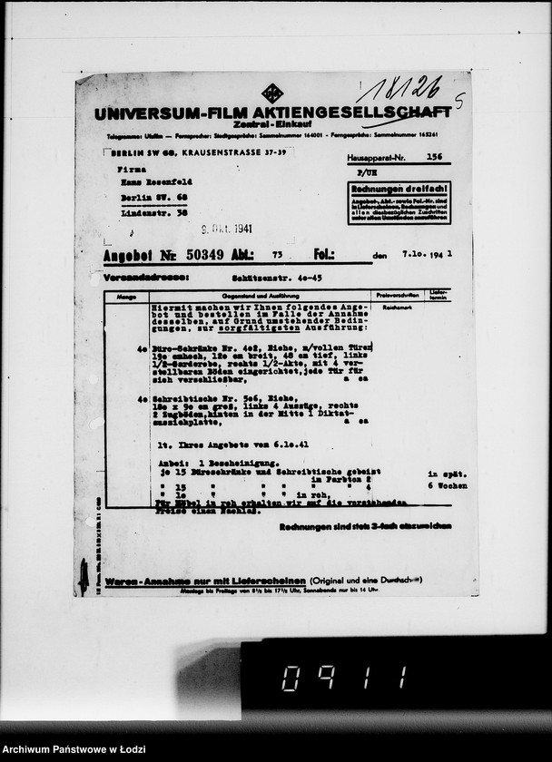 Obraz 9 z jednostki "Korrespondenz Firma Hans Rosenfeld-Büromebel mit Getto-Verwaltung betr.Büromebel"