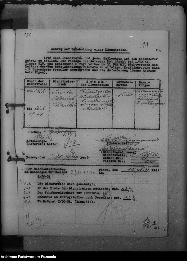 Obraz 15 z jednostki "Genehmigungen der Dienstreisen / Archivgut - Bytyn, Ceradz, Tarnowo, Starpel / i inne wyjazdy służbowe"