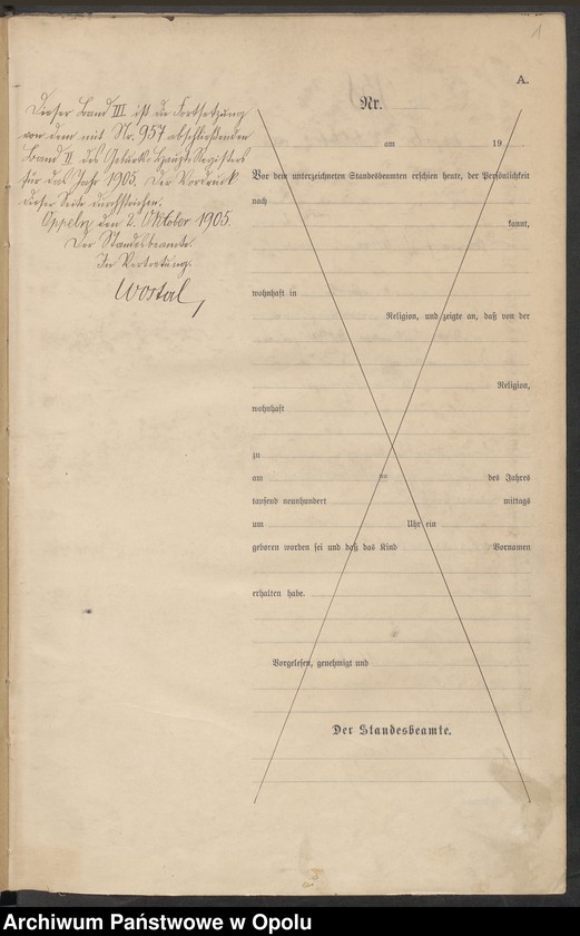Obraz 5 z jednostki "Urząd Stanu Cywilnego w Opolu 1905 Rejestr Urodzeń miejscowa Nr 958 do 1287"