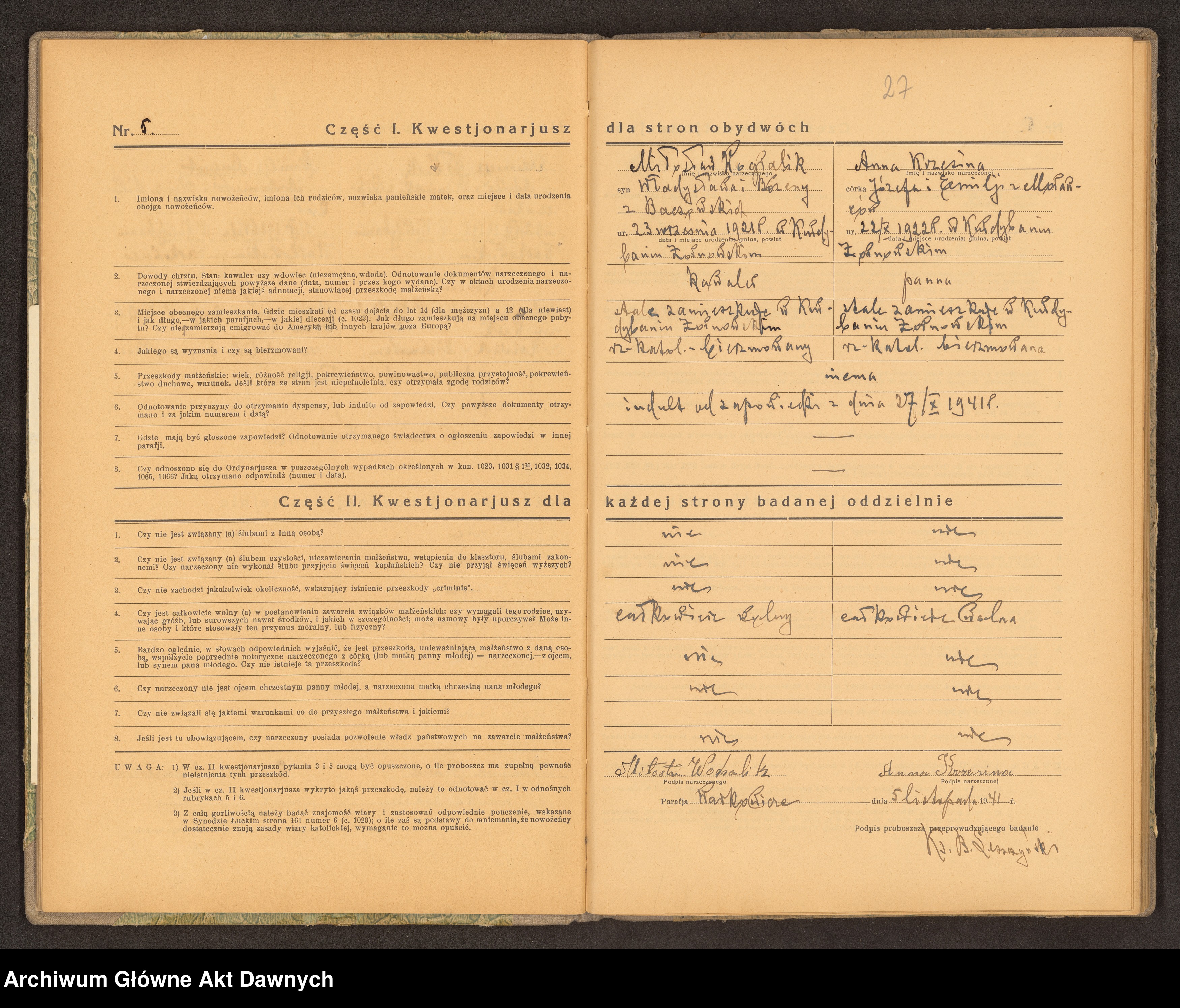 Skan z jednostki: Parafia: Warkowicze. Dekanat: Dubno. Księga egzaminów przedślubnych złożonych w parafii.