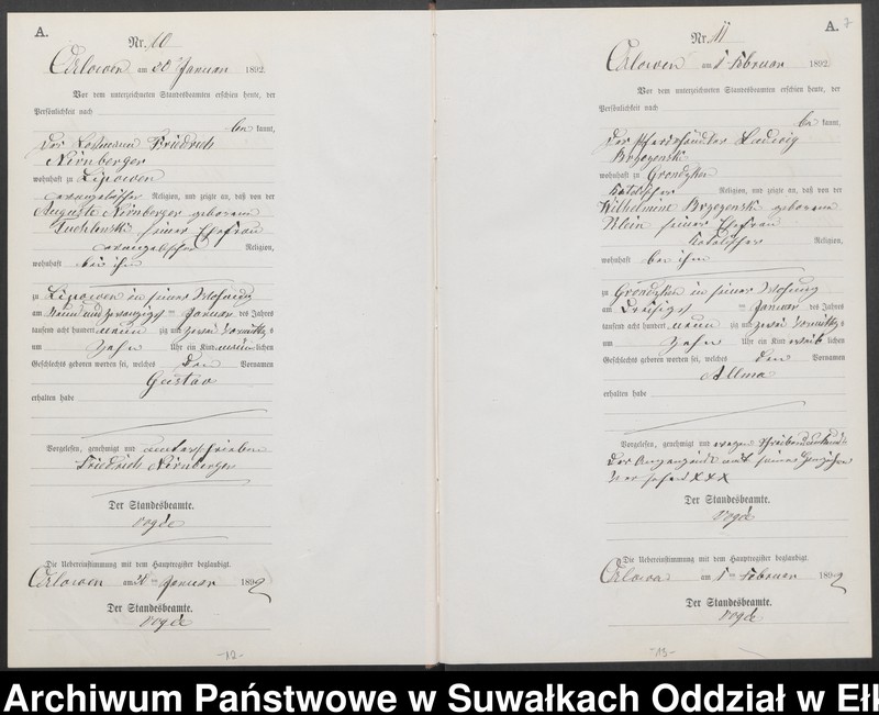 image.from.unit.number "Geburts-Neben-Register des Preussischen Standes-Amtes Orlowen Kreis Loetzen für das Jahr 1892"