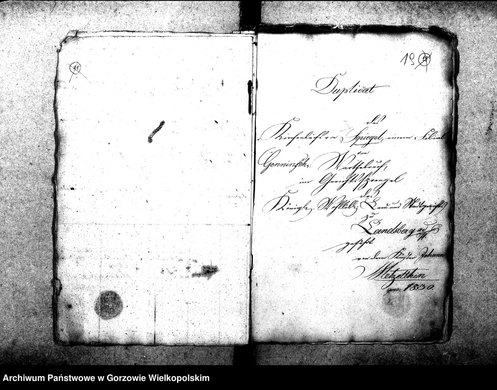 image.from.unit.number "Duplikate der Kirchenbücher von der Parochie Genninsch Warthebruch: Spiegel (Poźrzadło), Blumenthal (Kwiatkowice), Ludwigsthal (Trzęsów), Bergenhorst (Gorzębia), Haferwiese (Gosławka), Pollychener Hollander (Nowe Polichno), Gross Rehne (Rań), Alt Gennin (Jeninek), Ober Gennin (Jeniniec), Unter Gennin (Podjenin)"