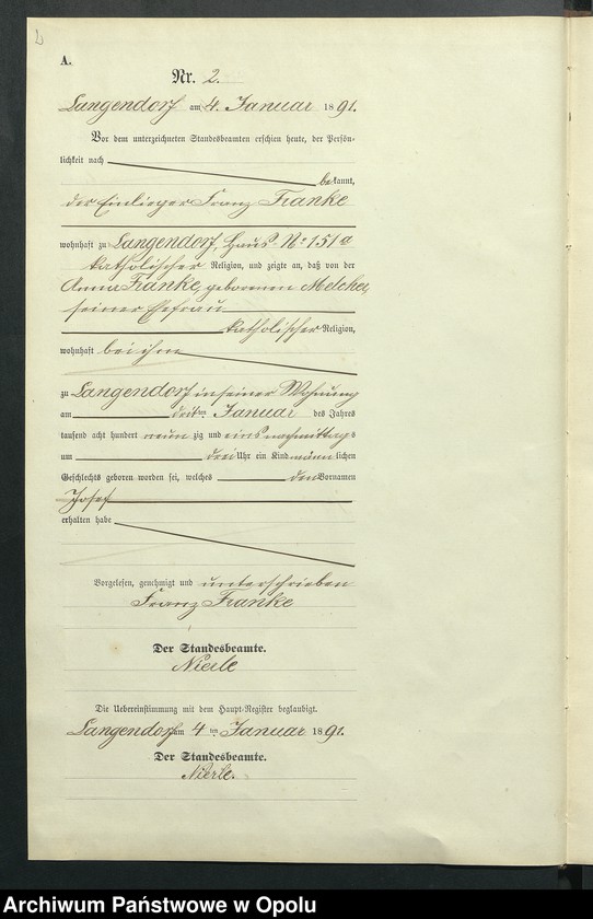 Obraz 6 z jednostki "Geburts-Neben-Register des Standesamts Langendorf pro 1891"