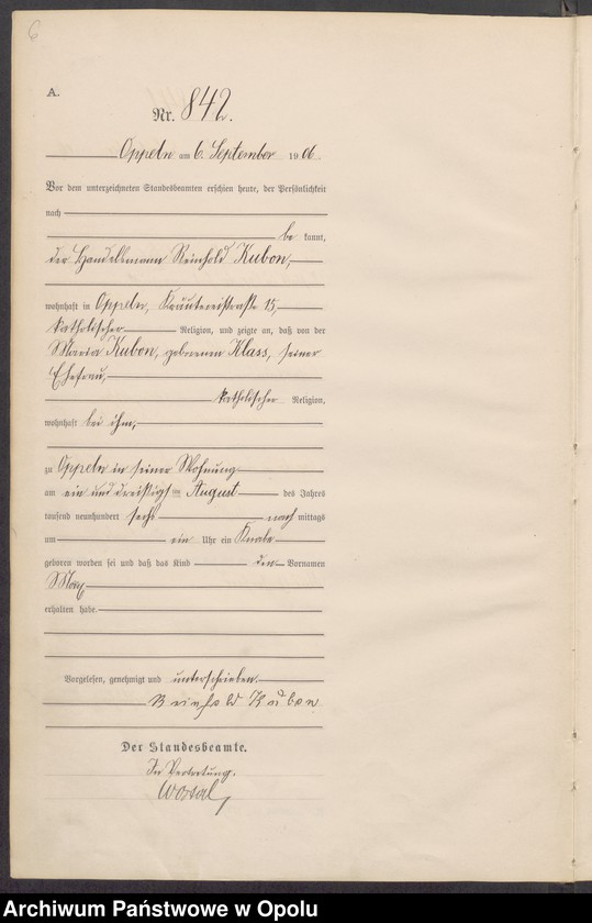 Obraz 10 z jednostki "Urząd Stanu Cywilnego w Opolu 1906 Rejestr Urodzeń miejscowa Nr 838 do 1264"