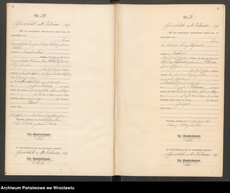 Obraz 13 z jednostki "księga urodzeń Urzędu Stanu Cywilnego w Goszczu (Goschütz) 1897"