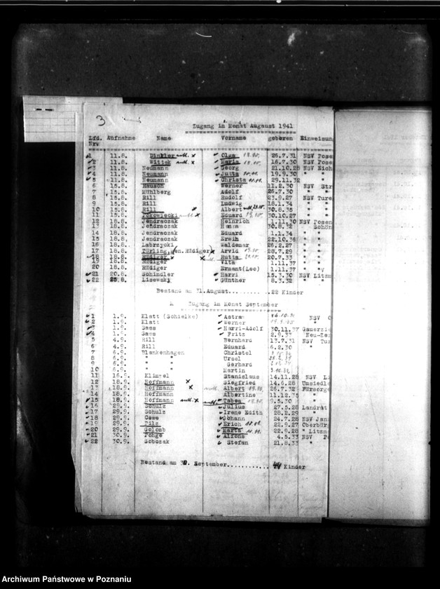 Obraz 8 z jednostki "Monatliche Zu- und Abgänge [Miesięczne zestawienia przybyłych i zwolnionych dzieci]."