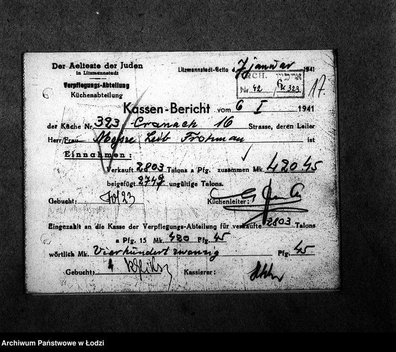 Obraz 20 z jednostki "[Kuchnia nr 323, ul. Żydowska 16. Kuchnia nr 173, ul. Żydowska 28. Kuchnia, ul. Żydowska 34. Działalność kuchni, personel, konsumenci, kontrole]"