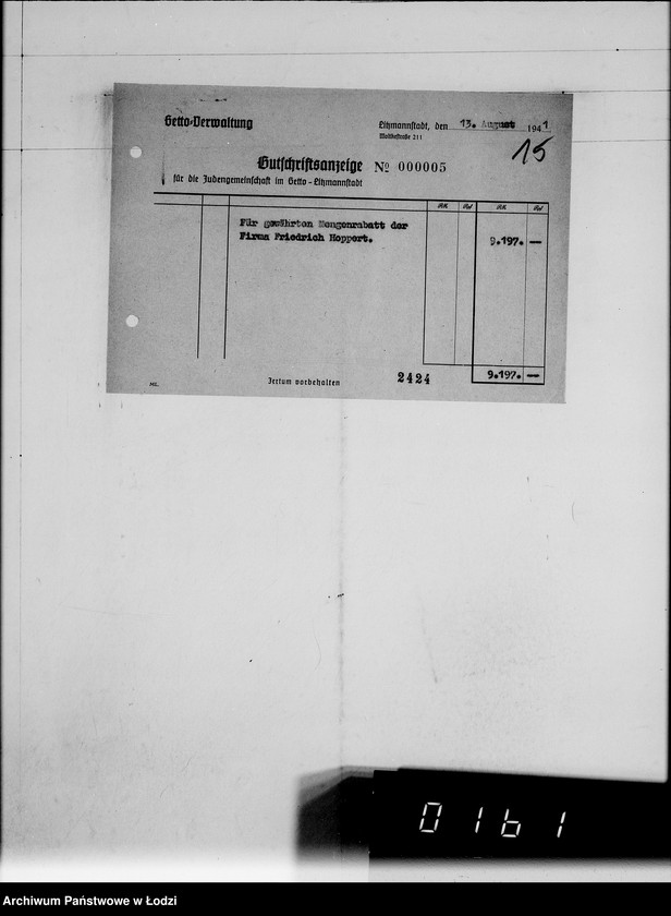 Obraz 19 z jednostki "Gutschriftsanzeigen für die Judengemeinschaft im Getto Litzmannstadt Nr 000001"