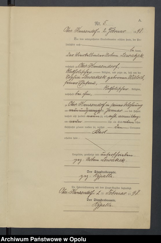 Obraz 9 z jednostki "Geburts-Neben-Register Standesamts Kunzendorf pro 1898"