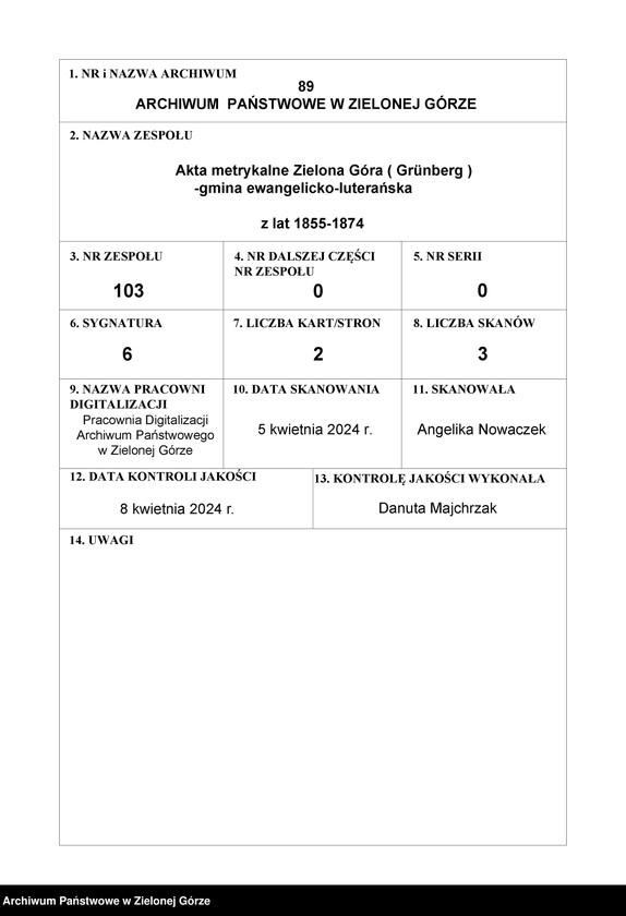 Obraz 1 z jednostki "Duplicat der Geburts- , Trauungs - u[nd] Sterbe- Register der evangelisch - lutherischen Gemeine zu Grünberg für den Jahrgang 1863"