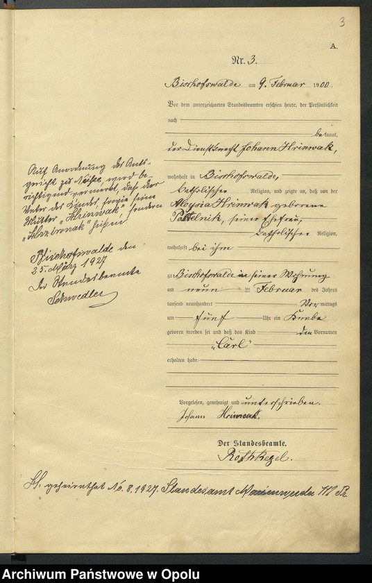 Obraz 7 z jednostki "Geburts-Haupt-Register des Standsamts Bischofswalde pro 1900"