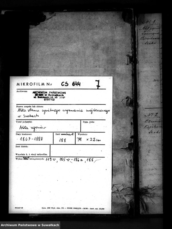 image.from.unit.number "Księga do zapisywania aktów zmarłych parafii żydowskiej Szaki."