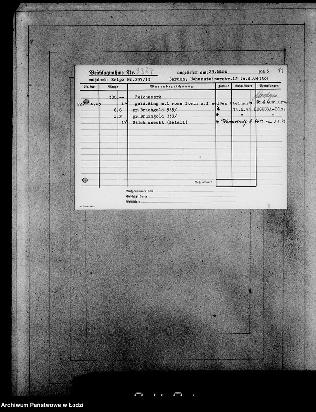 Obraz 18 z jednostki "Kripo 2201-2400 [Kartoteka skonfiskowanego majątku ruchomego u Żydów]"