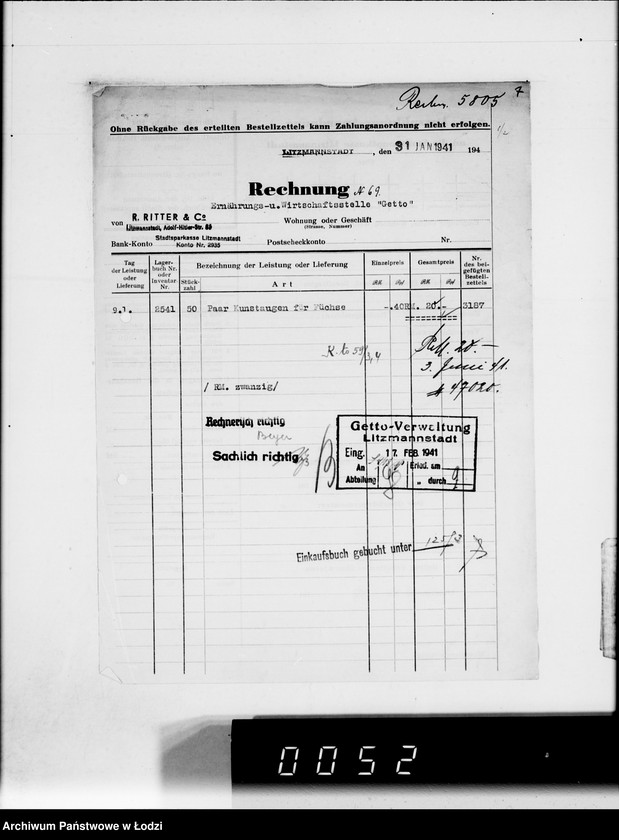 Obraz 10 z jednostki "Ritter et Co.Rechnungen [za dostawy towarów dla Getta]"