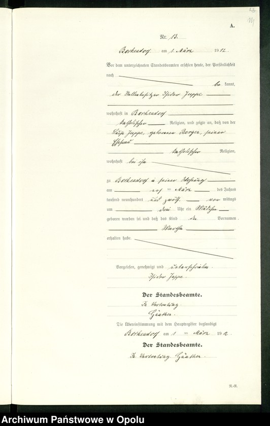 Obraz 18 z jednostki "Geburts-Register (Neben-Register) Standesamt Borkendorf 1912 No. 1 bis 73."