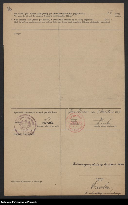 Obraz 14 z jednostki "[Kwestionariusze dotyczące stwierdzenia gruntów znajdujących się po niemieckiej stronie pogranicza a zarządzanych przez zamieszkałych po stronie polskiej] powiat kościański"