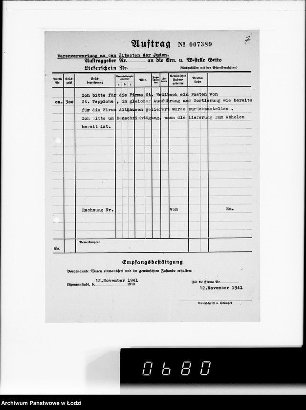 Obraz 11 z jednostki "F-ma St.Weilbach Litzmannstadt II Warenverwertung an den Juden Ältesten. 300 Stck.Teppiche"