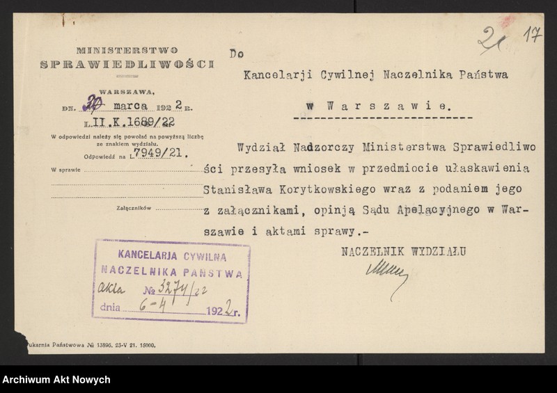 image.from.unit.number "Ułaskawienia z b. Kongresówki - uwzględnione, dotyczące zabójstw, uszkodzeń ciała, gwałtu, oporu wobec urzędnika, niedopełnienia obowiązków wojskowych i niedbalstwa, kradzieży, pokątnego gorzelnictwa, łapówkarstwa, fałszywych zeznań oraz podżegania w 1919 r. pracowników Szpitala Przemienienia Pańskiego w W-wie do strajku"