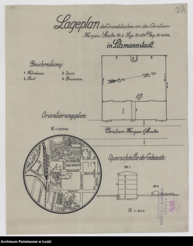 Obraz 1 z jednostki "Lageplan des Grundstückes an der Christian Wergau Straße Nr 3, Hyp. Nr 874 b Rep Nr 4054 in Litzmannstadt"