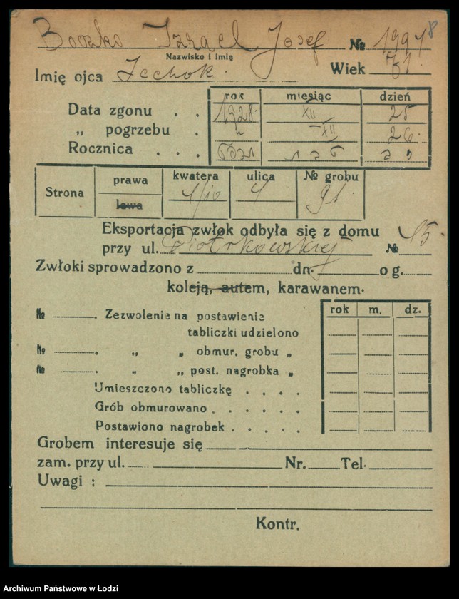 Obraz 10 z jednostki "Kartoteka osób pochowanych na cmentarzu żydowskim przy ulicy Brackiej w latach 1892-1956. Nazwiska na litery: Bock-Bö"