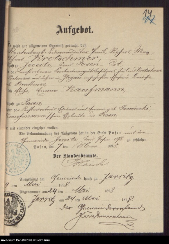 Obraz 16 z jednostki "Die von den Verlobten beigebrachten Urkunden zur Eheschliessung pro 1898"