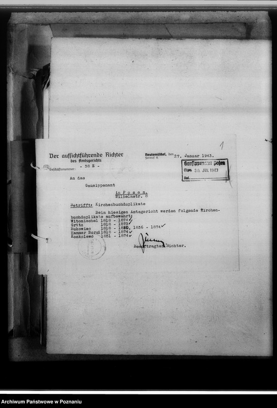 Obraz 5 z jednostki "Schriftwechsel mit den Amtsgerichten [korespondencja w sprawie ksiąg kościelnych, nazwy powiatów od M - Z]"