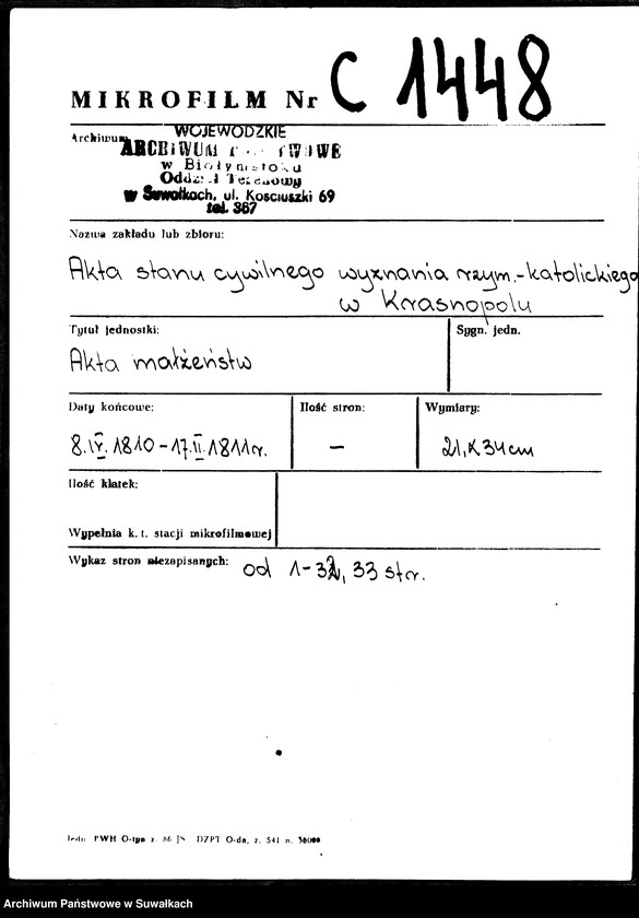 Obraz 3 z jednostki "Akta Cywilne Małżeństwa Gminy Krasnopolskiey od R.1810 1-go Maja do R. 1811 1-go Maja."