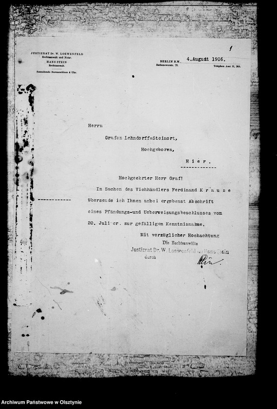 image.from.unit.number "/Korrespondenz des Justitzrats Dr. Loewenfeld- Berlin mit den Gläubigern des Gfen u. ihm selbst in sachen der Zwangsverwaltung von Steinort etc/"