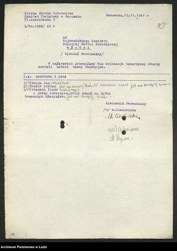 Obraz 11 z jednostki "Ankiety sprawozdawcze instruktora Komitetu Powiatowego Radomsko [z załącznikami]"