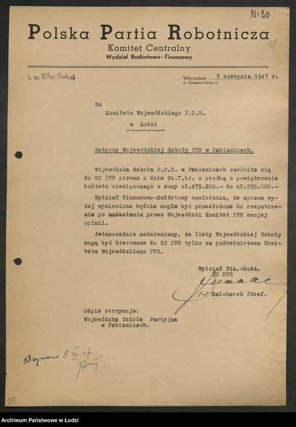 Obraz 20 z jednostki "Korespondencja z [Wydziałem Ogólnym, Budżetowo - Finansowym, Gospodarczym oraz Buchalterią] Komitetu Centralnego"