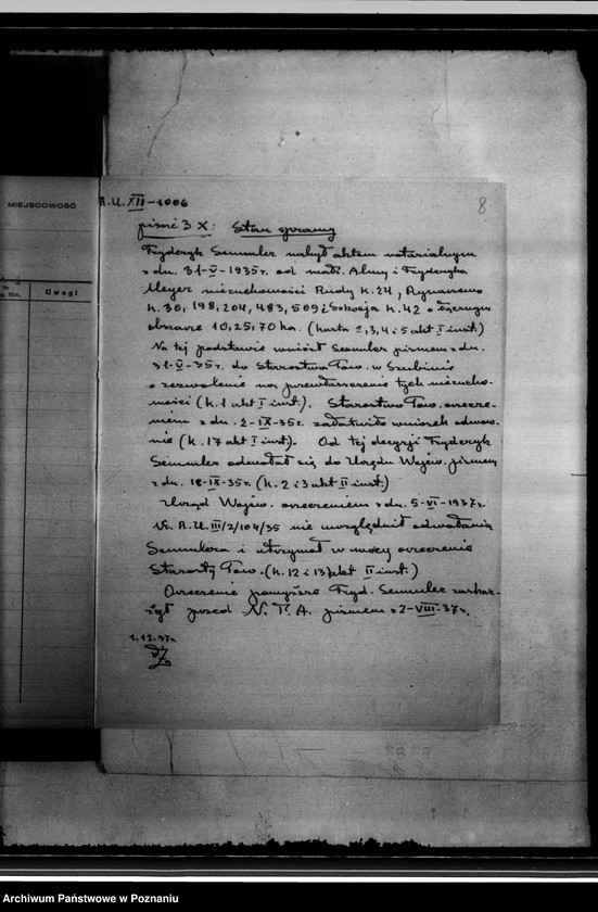 Obraz 12 z jednostki "Friedrich Semmler Skarga do Najwyższego Trybunału Administracyjnego na decyzję Wojewody Poznańskiego z dnia 5.VI.1937 r. /sprawy przewłaszczenia/"