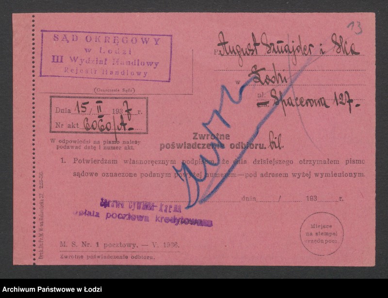 Obraz 15 z jednostki "August Sznajder i S-ka – prowadzenie młyna parowego"