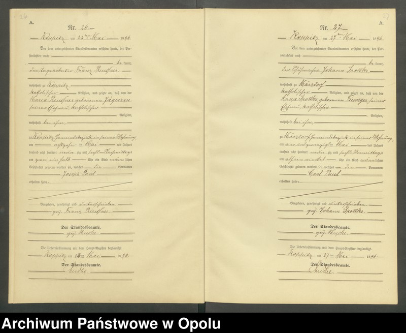 Obraz 16 z jednostki "Geburts-Neben-Register Standesamts Koppitz pro 1896"