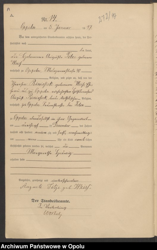 Obraz 18 z jednostki "Urząd Stanu Cywilnego w Opolu 1897 Rejestr Urodzeń Księga Miejscowa Nr 1 do 554"