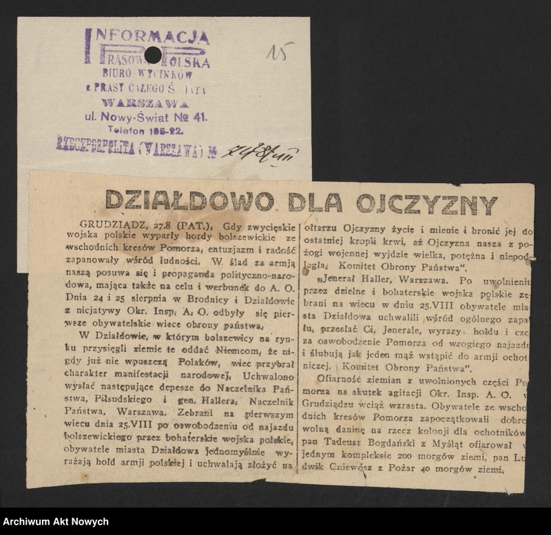 image.from.unit.number "Walki Armii Ochotniczej pod Warszawą. Wycinki prasowe."