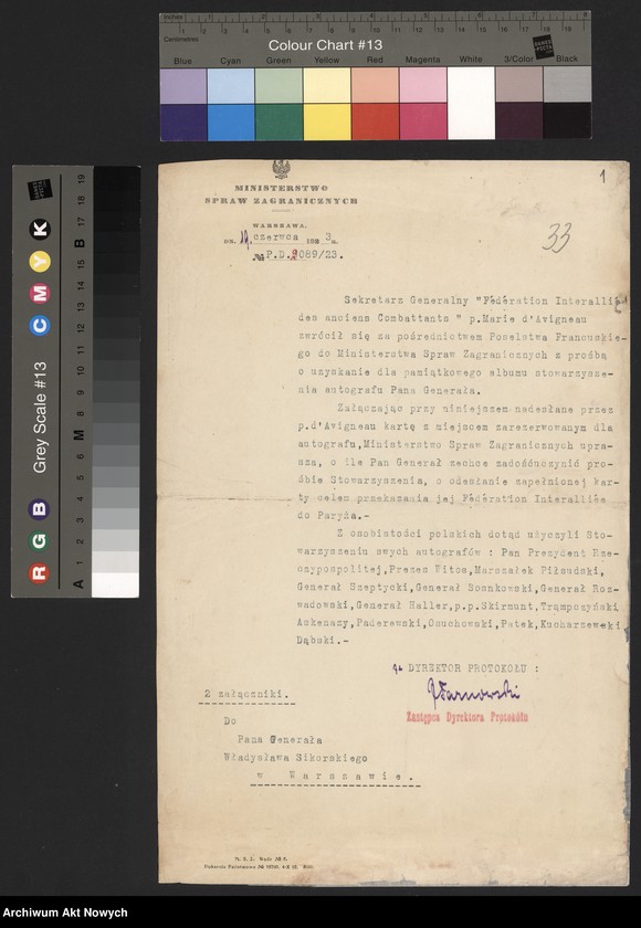image.from.unit.number "Ministerstwo Spraw Zagranicznych. Prośba o autograf dla Fédération Interalliée des Ancien Combattants."
