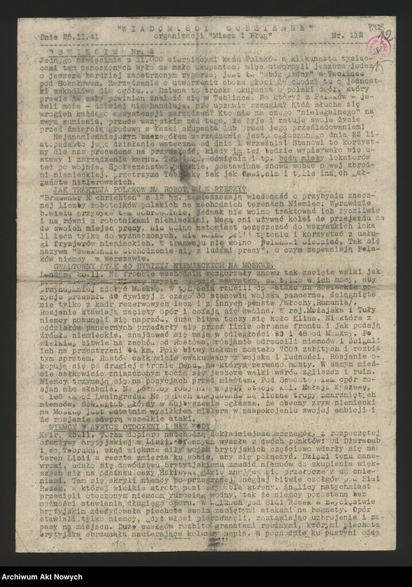 image.from.unit.number "Wiadomości Codzienne Organizacji "Miecz i Pług", Wydawca: Miecz i Pług, Warszawa, wydawane od III.19041 r do VII.1944 r."