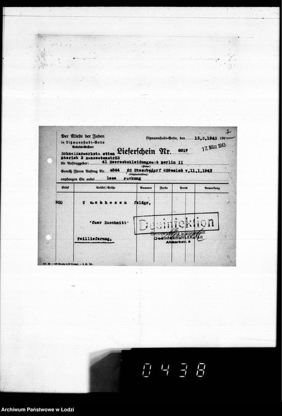 image.from.unit.number "[Dowody dostawy umundurowania dla] Heeresbekleidungsamt Berlin II"