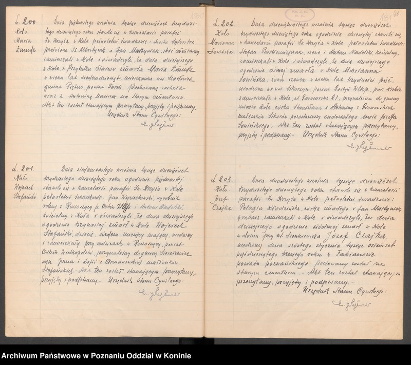 Obraz 7 z kolekcji "Akta zgonów zabitych i zmarłych ofiar bombardowania w Kole w dniu 2 września 1939 r.111"