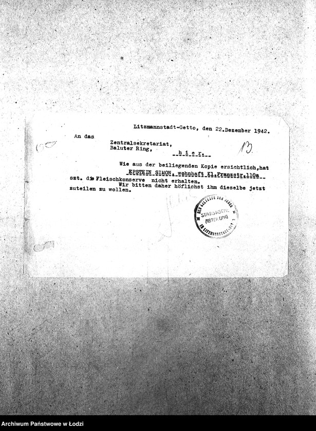 Obraz 16 z jednostki "[Korespondencja wychodząca i przychodząca z wydziałami getta, z niemieckimi urzędami i innymi gettami żydowskimi. Sprawy personalne, meldunkowe mieszkańców getta. Sprawy wewnętrzne Wydziałów Ewidencji]"