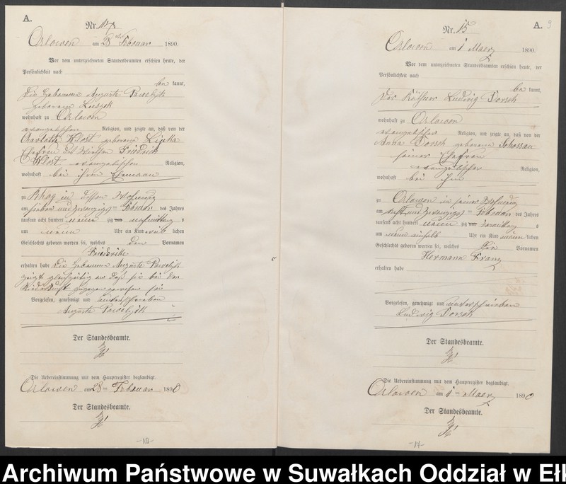 image.from.unit.number "Geburts-Neben-Register des Preussischen Standes-Amtes Orlowen Kreis Loetzen für das Jahr 1890"