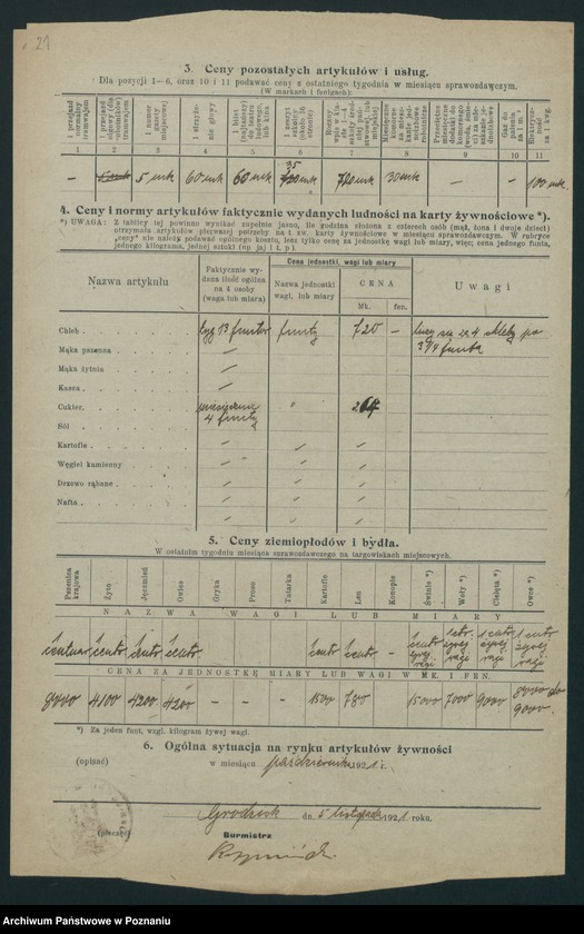 Obraz 18 z jednostki "[Wykazy cen rynkowych artykułów spożywczych w poszczególnych miastach Województwa Poznańskiego za miesiąc październik 1921 roku]"