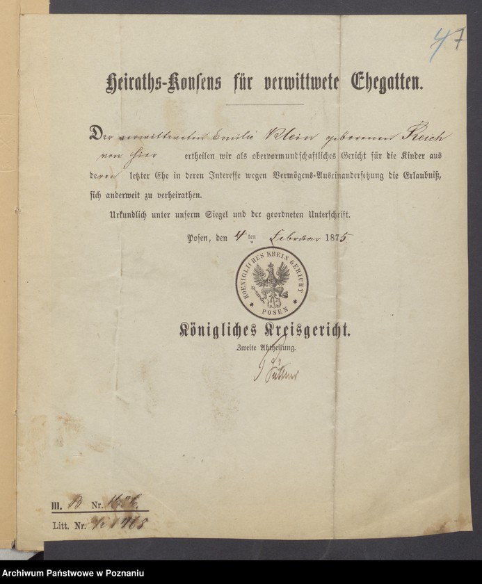 Obraz 9 z jednostki "Die von den Verlobten beigebrachten Urkunden zur Eheschliessung pro 1875"