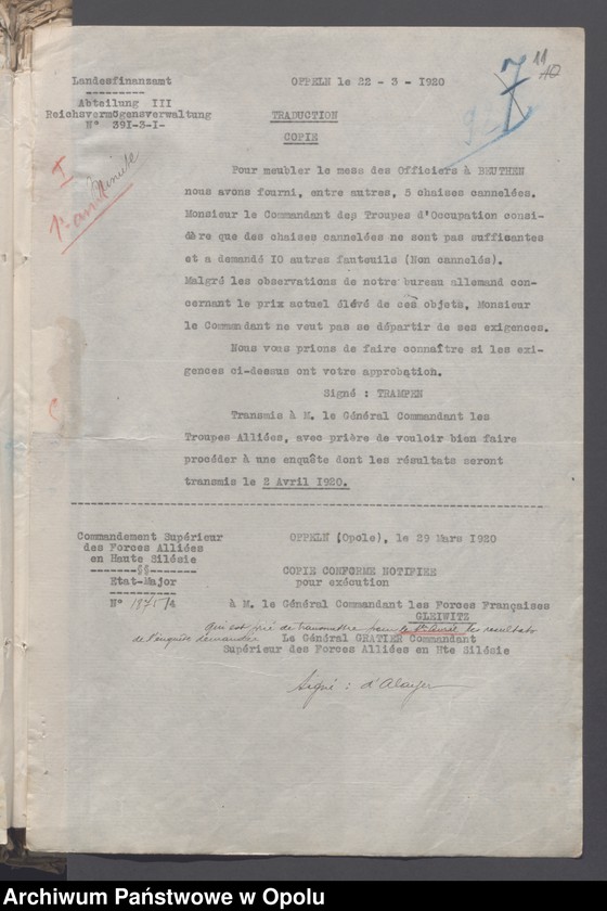 Obraz 13 z jednostki "Materiel du Genie-Outils Couchage et Ameublement-Eclairage-Eau-Materiel de Sport /Korespondencja i zarządzenia w sprawie zaopatrzenia w narzędzia, sypialnie, umeblowanie, oświetlenie.../ 27.01.1920 - 14.08.1921"