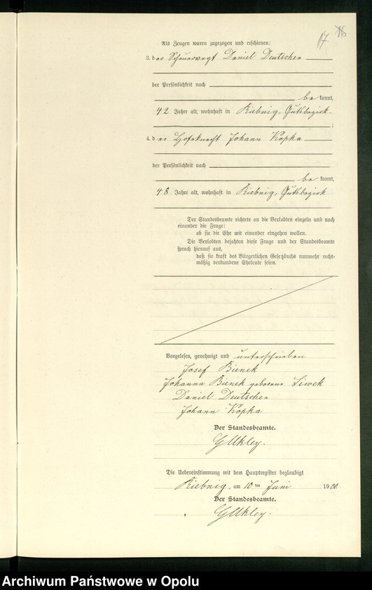 Obraz 20 z jednostki "Heiraths-Neben-Register Standes-Amt Riebnig 1900"