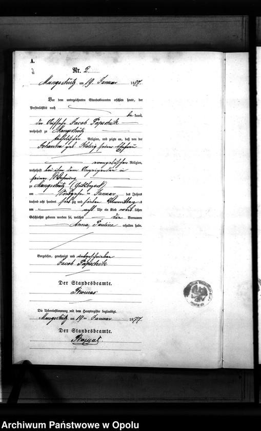 image.from.unit.number "Geburts-Neben-Register des Standesamts Mangschütz Kr.[eis] Brieg pro 1877"